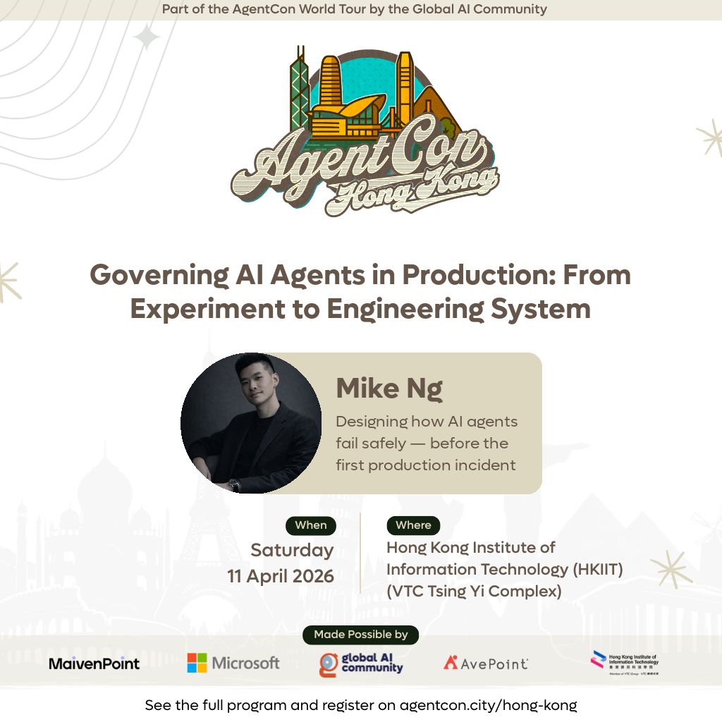 AgentCon Hong Kong event graphic for Mike Ng speaking about governing AI agents in production